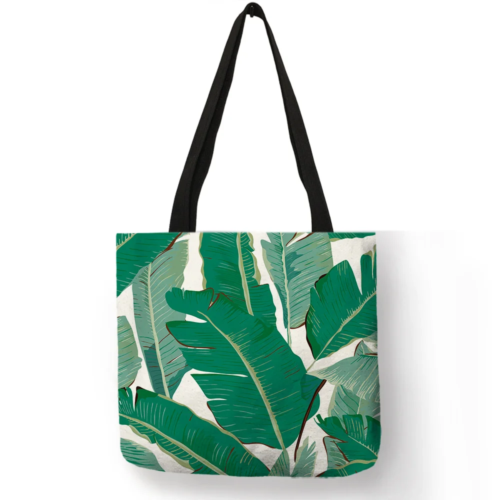 Super Fresh Style Women Lady Casual Shoulder Bag Tropical Green Plant Leaf Painting Handbag Daily Easy Carry Folding Linen Totes