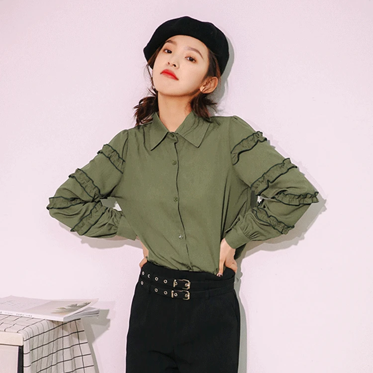 Spring New Green Chiffon Shirt Women Korean Temperament Chic Long Sleeve Blouse Girl Loose Solid Color Preppy Style Top H9169