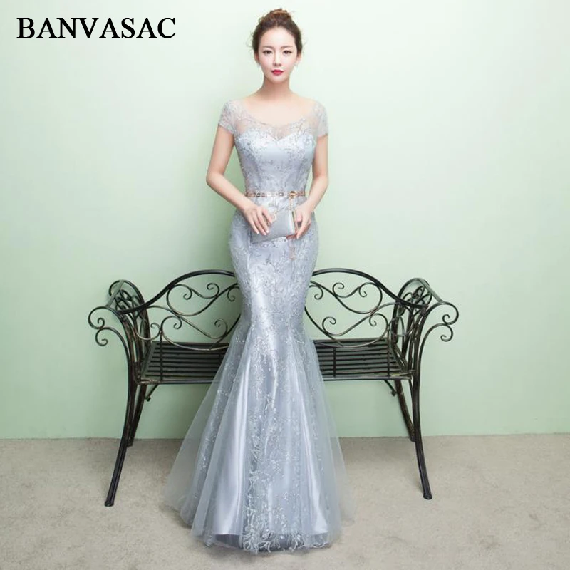 

BANVASAC 2018 O Neck Sequined Embroidery Mermaid Long Evening Dresses Lace Short Sleeve Leaf Sash Party Prom Gowns