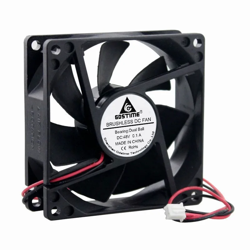 Gdstime 1 Piece DC 48V Two Ball CPU PC Cooler Cooling Fan 80mm x 25mm 2Pin 8025 Heatsink Exhaust Fans 8cm 80mm*80mm*25mm