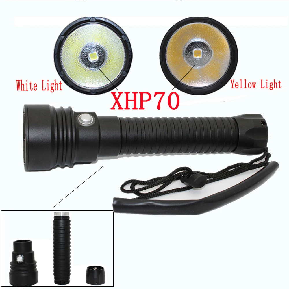 Powerful led flashlight XHP70 4200LM  LED Diving flashlight Underwater 100M waterproof lanterna torch White/Yellow Light