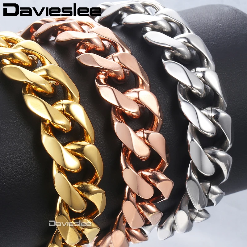 Davieslee Bracelets For Men Rose Gold Silver Color Curb Cuban Link Chain Stainless Steel Men Bracelet 2018 Jewelry 14mm LKBM25