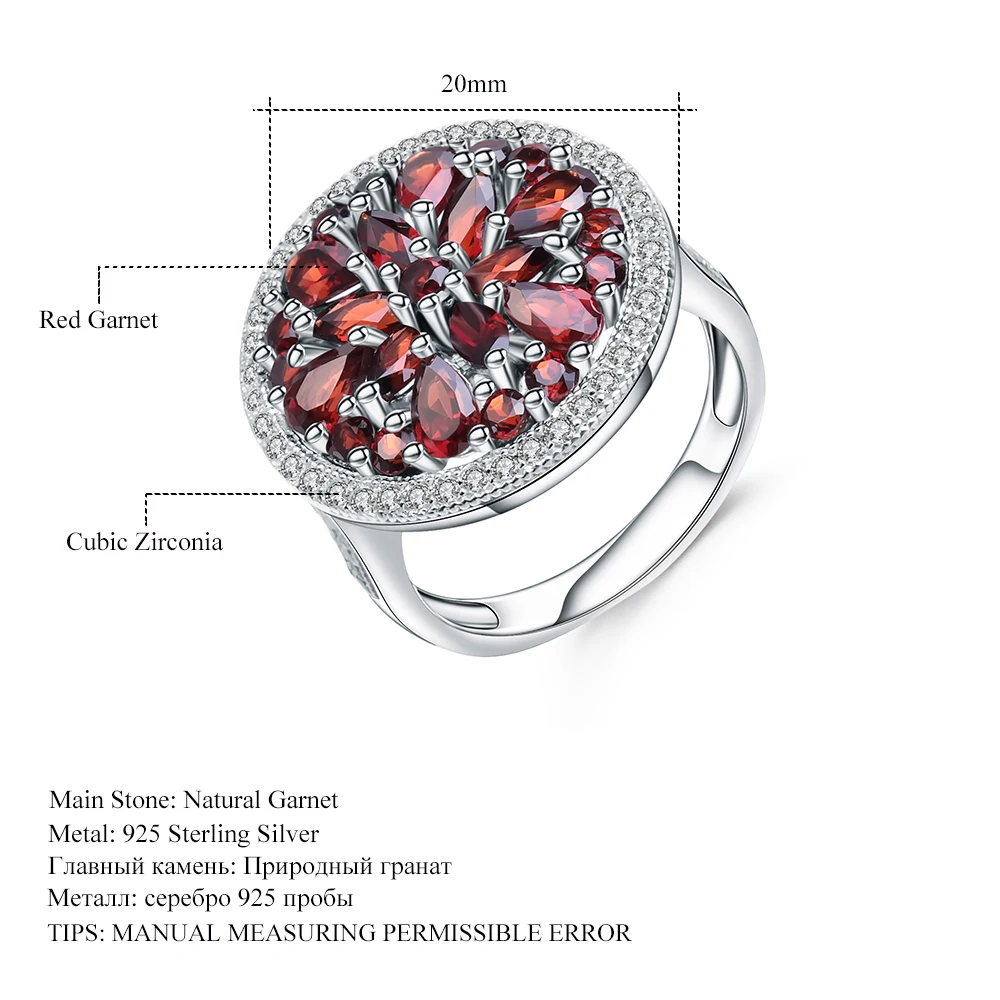 GEM\'S BALLET 3.88Ct Round Natural Red Garnet Gemstone Ring 100%925 Sterling Silver Classic Cocktail Rings for Women Fine Jewelry