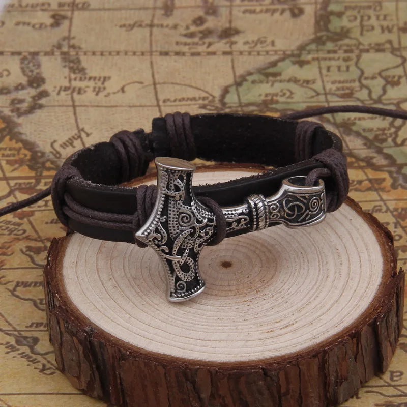 Viking Thor\'s hammer Leather Bracelet For Men Women 100% Leather and 100% Stainless steel