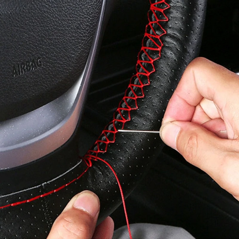 Tampas trançadas couro artificial do volante com agulha e linha, acessórios interiores, tampas do volante do carro, 38cm