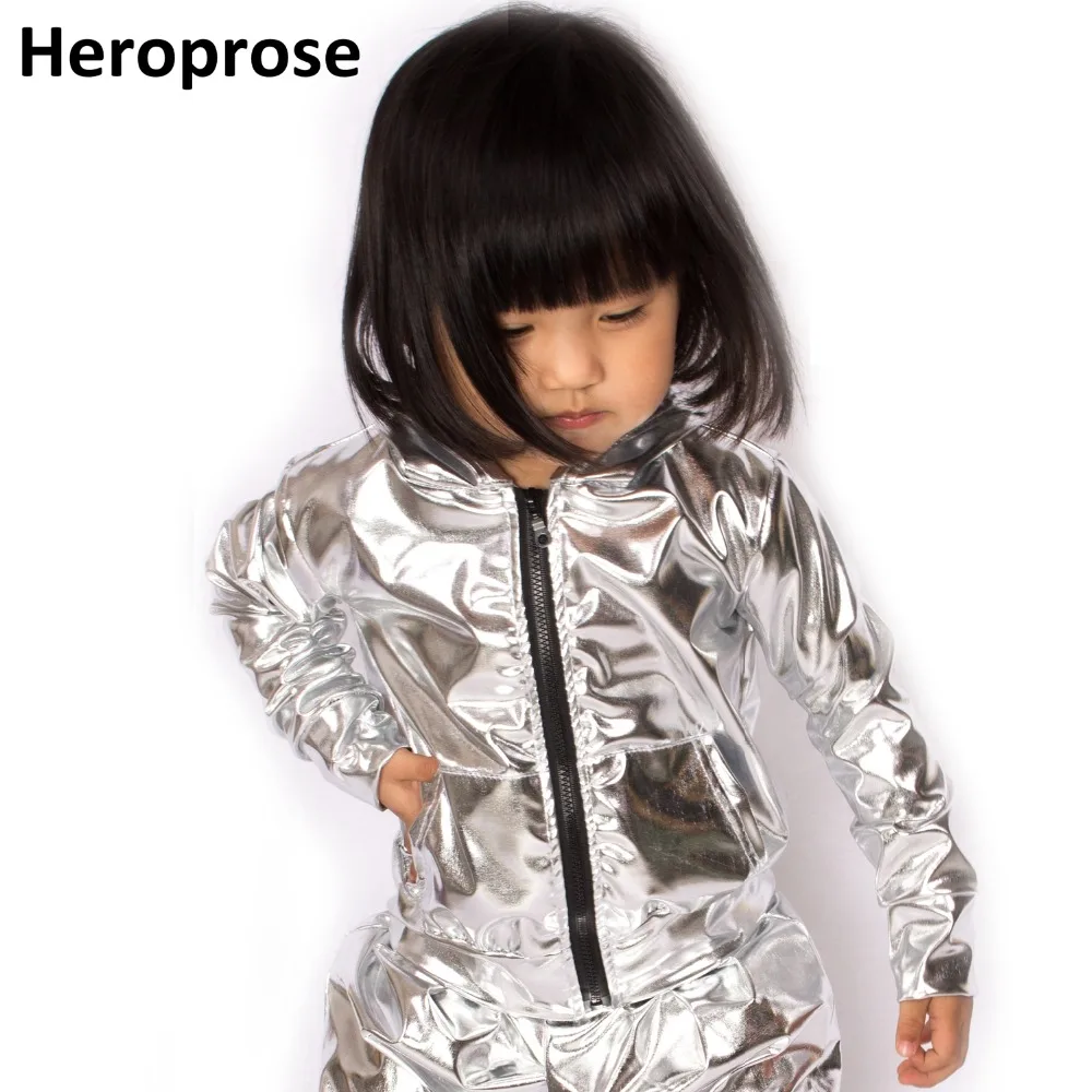 Spring Autumn Kids Silver Bomber Jacket Stage Performance Wear Paillette Feminina Casaco Jazz Hip Hop Dance Coat