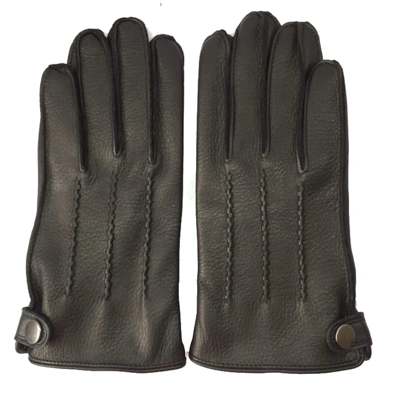 LUXURY 2024 Winter New Men Genuine Leather Deerskin Thick Velvet Warm Gloves Male Sewing Black/Brown Thicken Luva Deri Eldiven