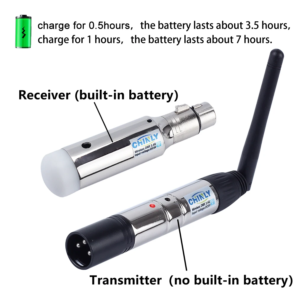 DMX512 Wireless Transmitter Receiver with Battery Control 400m DMX Stage Light Effect DJ Club Party 2.4G Rechargeable Controler