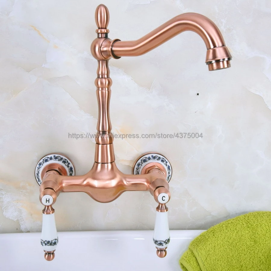 

Antique Red Copper Bathroom Basin Sink Faucet Vessel Tap Mixer Tap Dual Handles Wall Mounted Nnf953