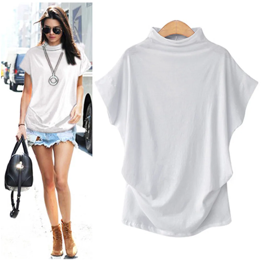 5XL Women Summer T-Shirt Short Batwing Sleeve Loose Solid Gray Turtleneck Tee Shirt 2023 New T-Shirts Femme Tees Tops