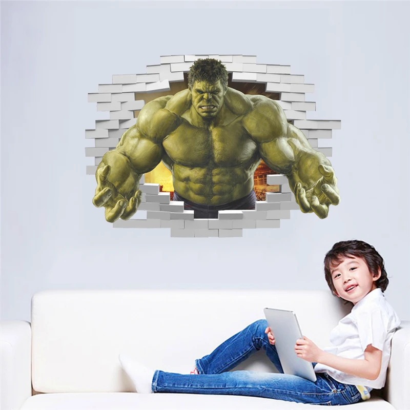 violent Avengers Hulk Peel through wall sticker for kids rooms home decor 3d effect poster cartoon broken wall decals boy's gift