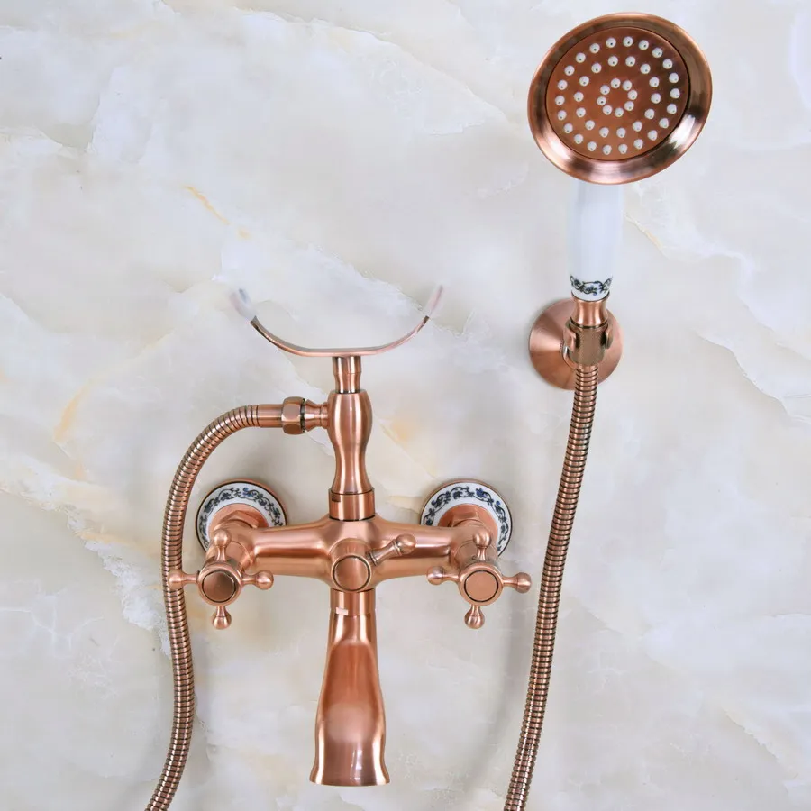 Antique Red Copper Brass Double Cross Handles Wall Mounted Bathroom Clawfoot Bathtub Tub Faucet Mixer Tap w/Hand Shower ana362