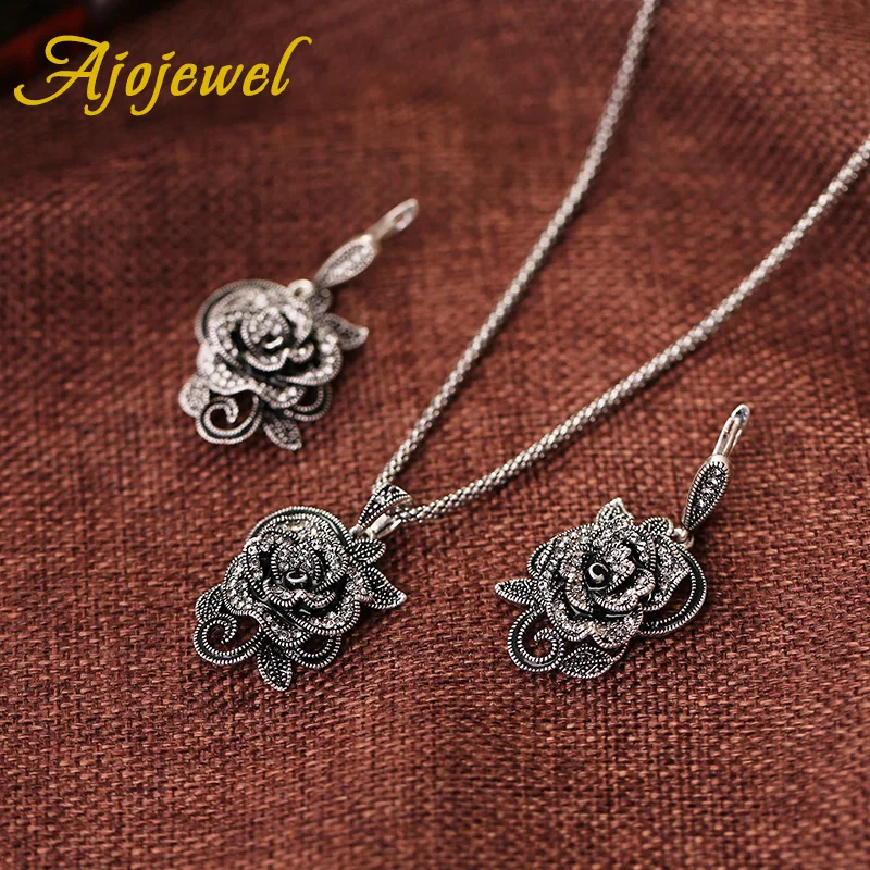 Ajojewel Black Crystal Rhinestone Rose Flower Jewelry Sets For Women Luxury Vintage Necklace Ring Earrings Set Creative Gift