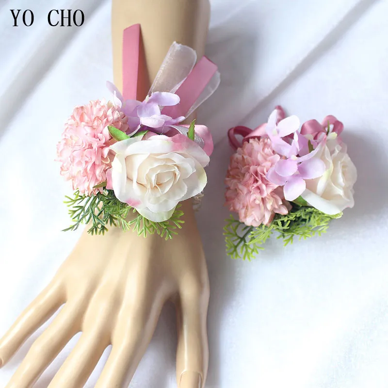 YO CHO Hydrangea Wedding Bouquet Brides Boutonnieres Silk Corsages Wrist Flower Yellow Hand Flores for Bridesmaid Decor Rose Pin