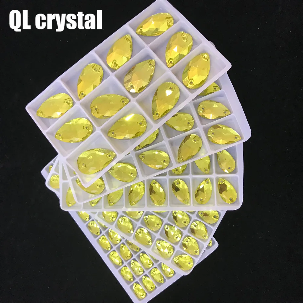 ALL Size QL Crystal 2018 popular Lemon yellow Drops Sew On Crystal Stones Sewing On Rhinestone 2 Holes DIY Garment Dress Making