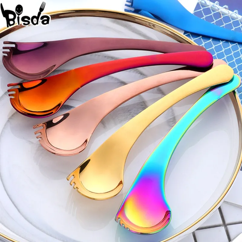 2Pc Salad Spoon Stainless Steel Spork 8 Colors Creative Bend Spoon Multi-function 2in1 Spoon Fork for Fruit Yogurt Dinnerware