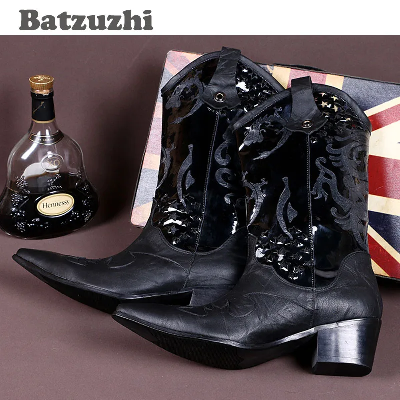 Batzuzhi Western Men Mid-Calf Leather Boots 6.5CM Black Men Boots Pointed Toe Increased High Heels Leather Boots  Big Size 38-46