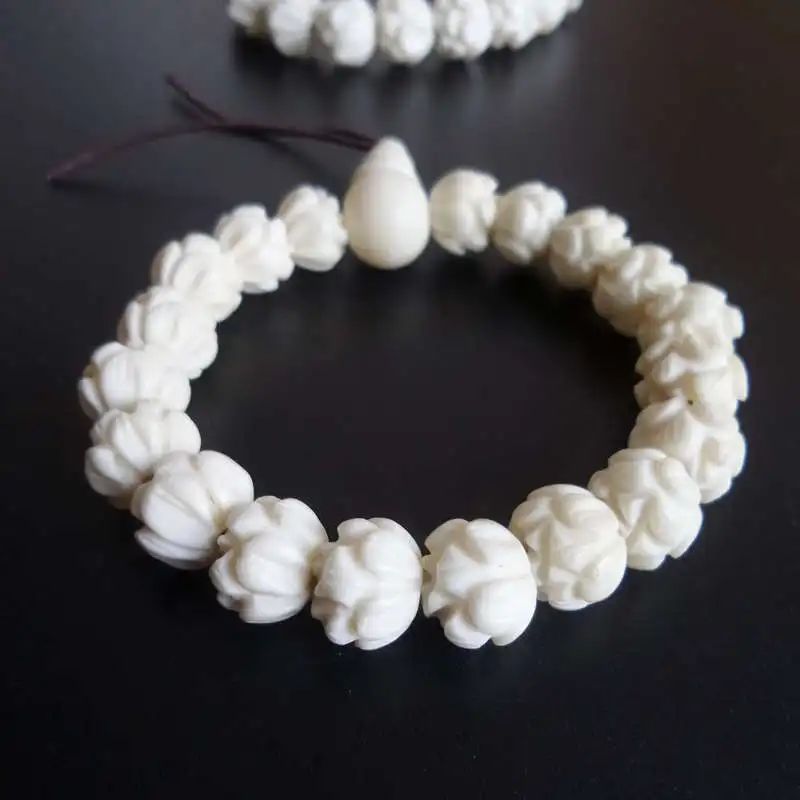 BB-224 Tibet White Yak Bone Hand Carved Padma Lotus Beaded Bracelet Stretch 8/10/12/14mm