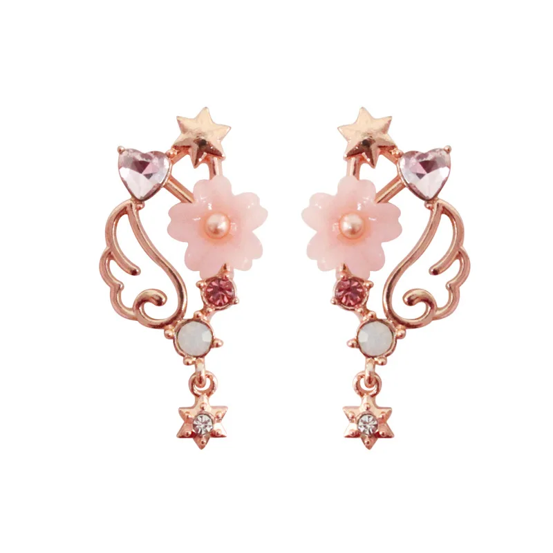 Japanese Pink Card Captor Sakura Earrings Rose Gold Color Angel Wing Rhinestone Star Moon Star Drop Earrings For Women Girls