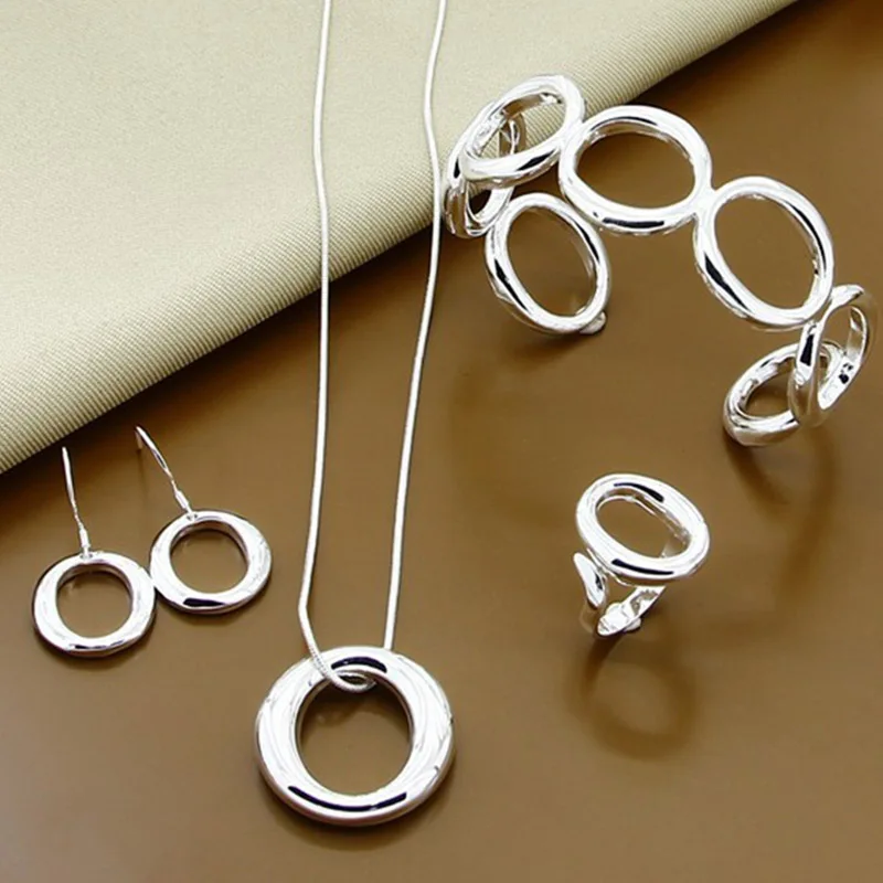 925 Silver O Shape Necklace Earrings Open Bangle Rings Jewelry Set For Women Fashion Jewelry