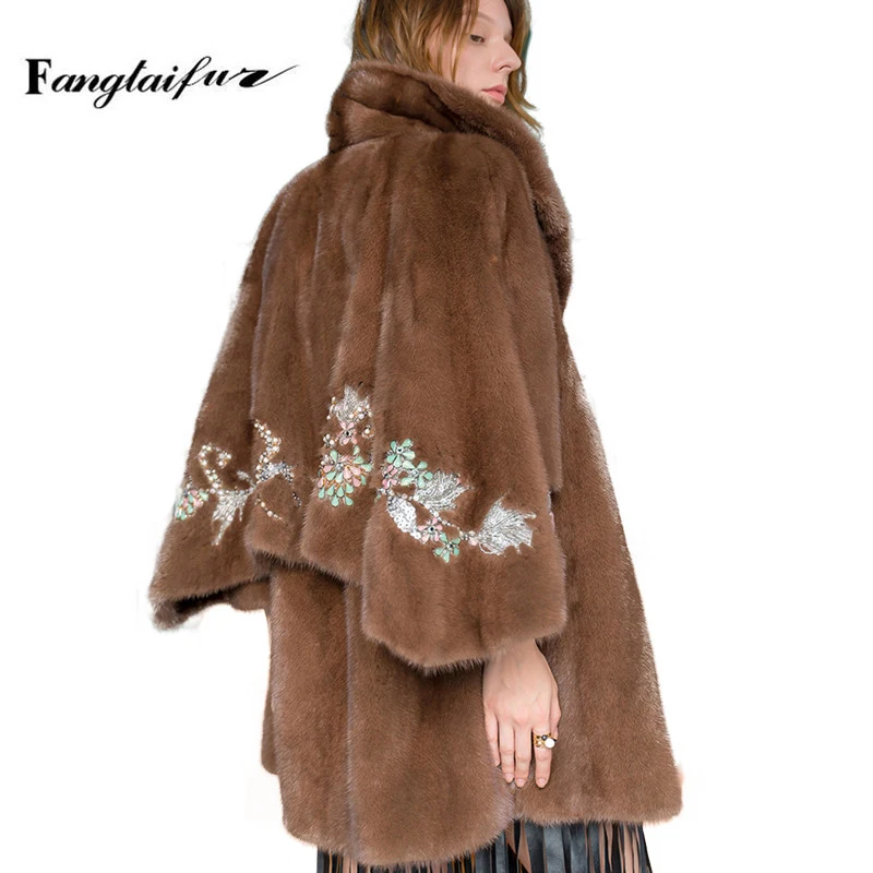 

Fang Tai Fur Import Copenhagen Velvet Mink Fur Coat Turn-Down Collar Medium Embroidery Nine Quarter Real Mink Fur Coats