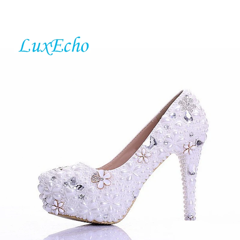 white pearl womens wedding shoes Bride 14cm high-heeled platform shoes woman round toe handmade single shoes