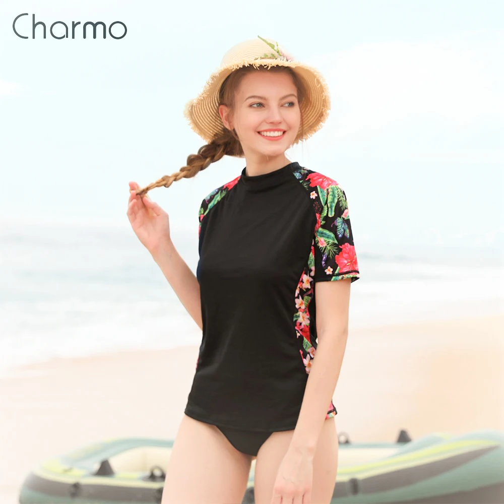 Charmo 여성용 반팔 래쉬가드, 레트로 플라워 프린트, 빠른 건조 셔츠, 서핑 탑, 플로럴 래쉬가드, UPF50 + 하이킹 셔츠