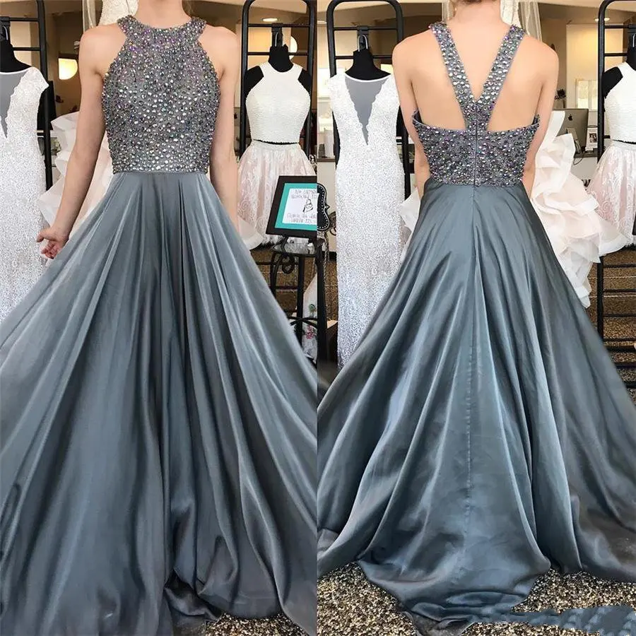 Modern Grey African Prom Dresses Long 2021 New High Neck Beaded Top Zipper A Line Floor Length Formal Evening Gowns