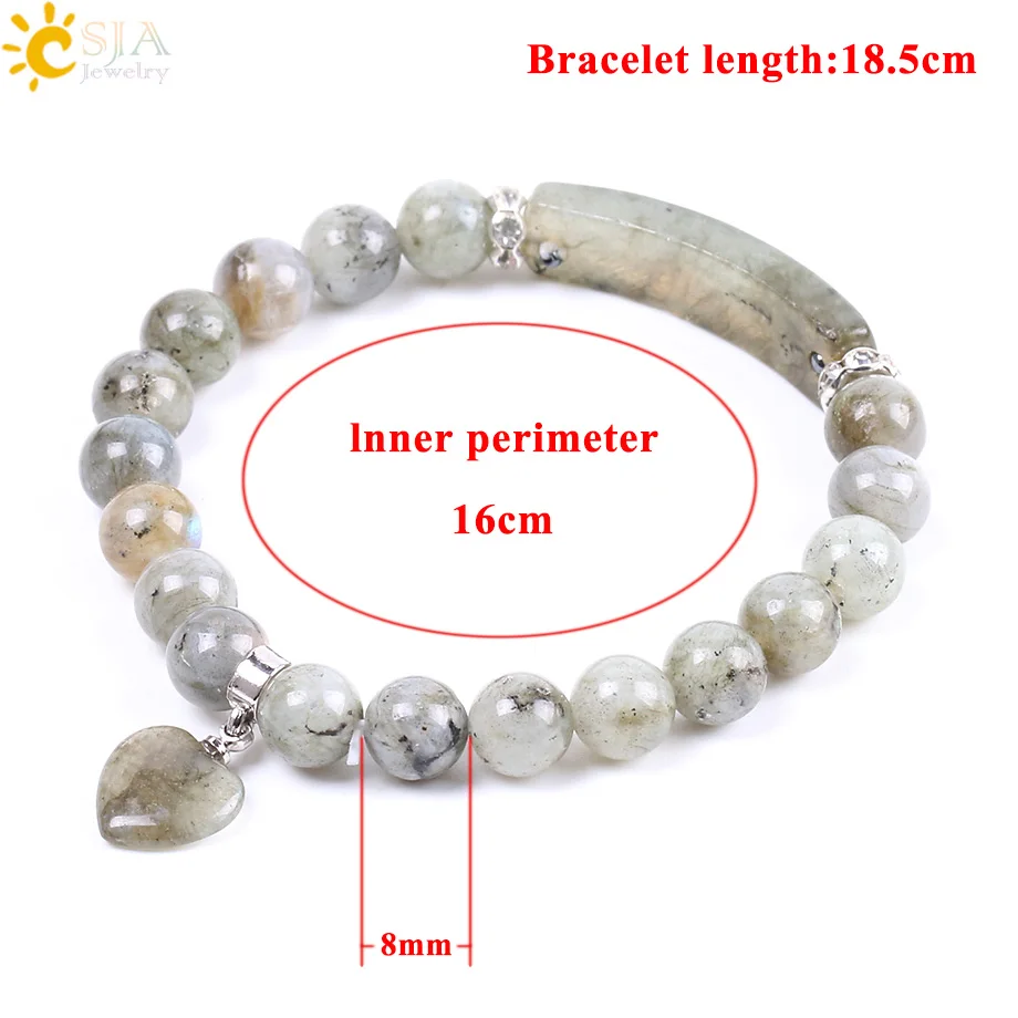 CSJA Natural Stone Bracelet Trendy Handmade Beaded Bangle Labradorite Beads Rectangle Love Heart for Women Men Yoga Jewelry F103