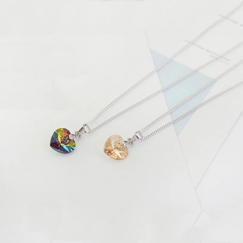 Mini Heart Necklaces For Women Girls Korean Fashion Pendant Original Crystals From Austria Silver Color Chain Cute Kids Jewelry
