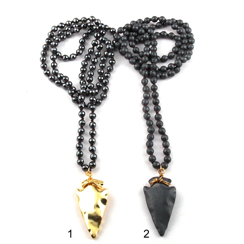 Fashion Jewelry 6mm Faceted Hematite Stone Knotted Hematite Stone Arrowhead Pendant Necklace Women Lariat Necklaces