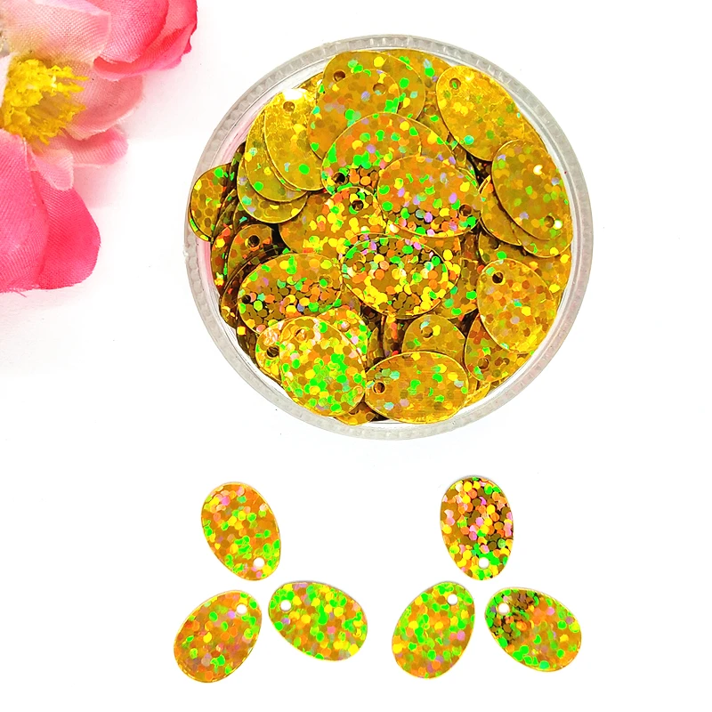 50g/lot 9*13mm Laser Gold Oval Egg Shape Loose Sequins Side Hole Spangle, Hologram Paillette Glitter For Crafts