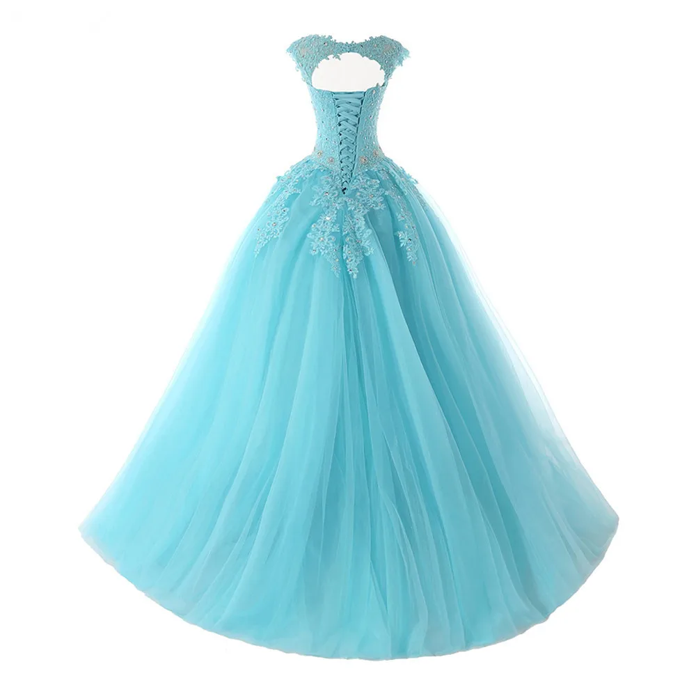 Janevini 2019 Bola Elegan Gaun Tulle Panjang Quinceanera Gaun Cap Lengan Appliques Beaded Backless Sweet 16 Turquoise Gaun