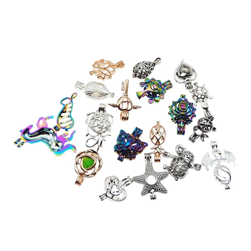 20pcs Mixed Colors Hybrid Models Zinc Alloy Pearl Cage Pendants Aromatherapy Essential Oil Diffuser Necklace DIY Neckla Jewelry