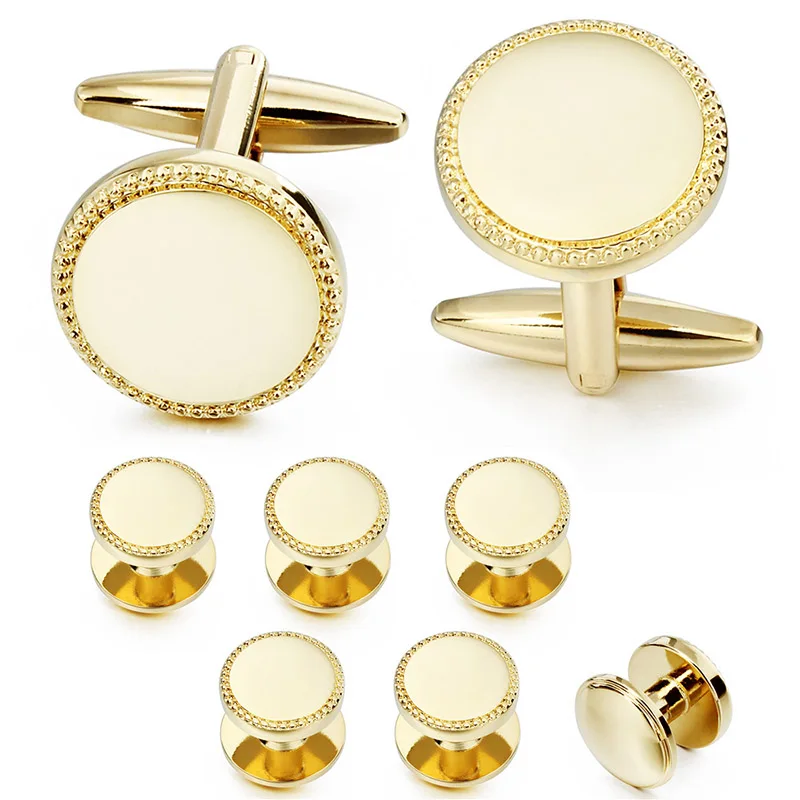 HAWSON French Shirt Stud Cufflinks Men\'s Set, Metal Mirror Flower Carved Circular Cufflinks Men\'s Jewelry Wedding Gift Box