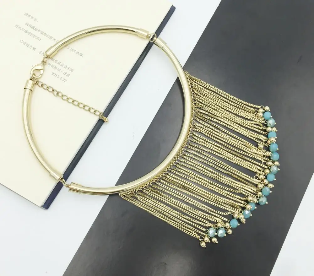 2018 Fashion Crystal Beads Pendant Choker Necklaces Women Gold Color Long Tassel Necklace Ethnic Collar Chain Luxury Jewelry