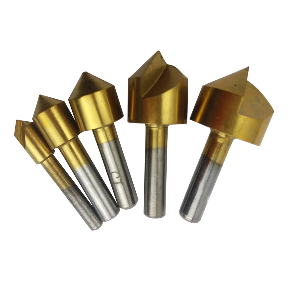5Pcs เมตริก6มม.-19มม.ขลุ่ย90องศาขอบ Chamfer Cutter Chamfering เจาะเจาะสว่านชุด Countersink Mata Bor