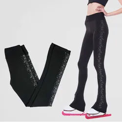 Pantaloni da pattinaggio di figura pantaloni da ghiaccio da donna da donna Spandex nero abbigliamento da pattinaggio elastico strass tinta unita adolescenti sport bambino