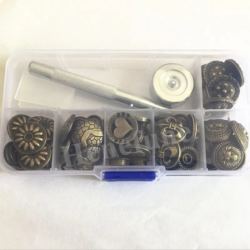 24sets Buttons Metal Snap Fastener Press Stud Buttons Poppers Leather for Coats Craft Jeans Button+Fixing Tools Kit+Storage Box