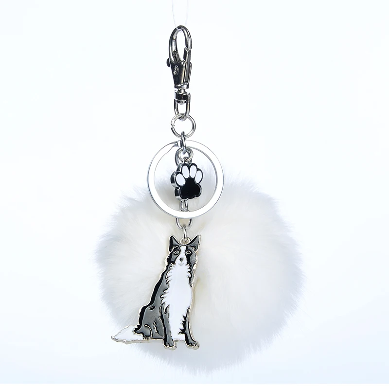 Rabbit Fur Pompom Border Collie Key Chains For Women Men Alloy Pom Pom Ball Dog Pendant Bag Charm Keyring Car Keychain Key Ring