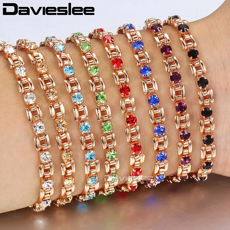 Davieslee Womens Bracelet Jewelry 585 Rose Gold Color Bracelets For Women Square Bismark Multi Colors CZ Stone 5.5mm DGBM101