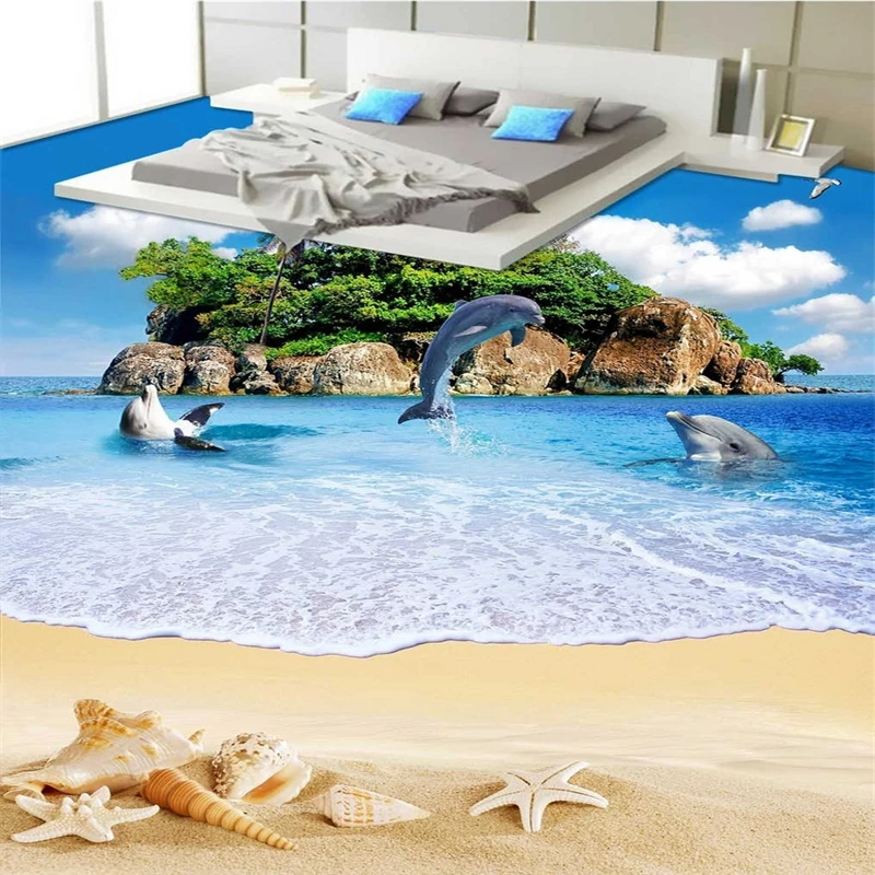 beibehang Beach mural stickers floor papel de parede 3d floor sitting room wall paper roll waterproof self-adhesive PVC bathroom