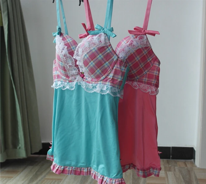 

Young Girls Plaid Cotton Nightgown French Boutique Sweet Lace Cup Bra Sleepwear Pink Green Sexy Lace night skirt