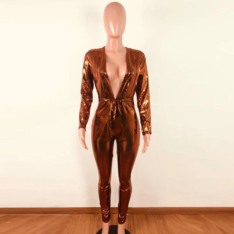 2019 ผู้หญิงเซ็กซี่ Sequined Jumpsuit แขนยาวลึก V คอรูปแบบของแข็ง Skinny เลื่อม Jumpsuit Glossy Bodysuits