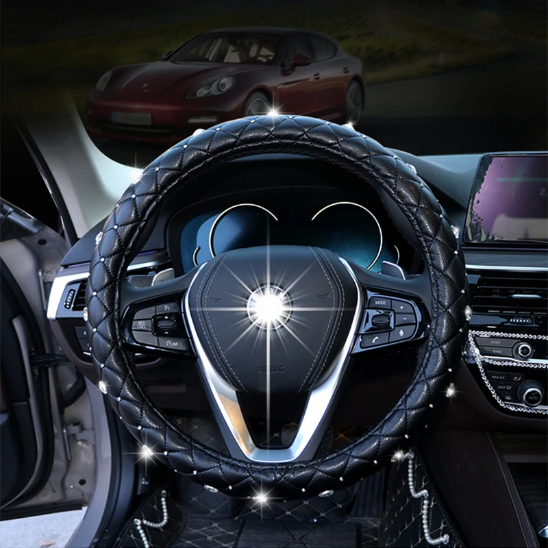 2022 New Luxury Crystal Car Steering Wheel Covers for Women Girls Leather Rhinestone covered Steering-Wheel Interior Accessories