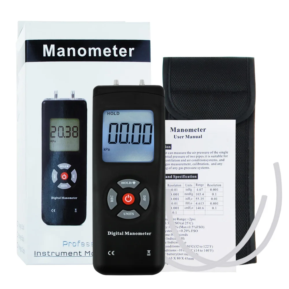 Digital Portable Manometer Handheld Air Vacuum/Gas Pressure Gauge Meter +/-13.78kPa +/-2PSI, 11 Units with Backlight