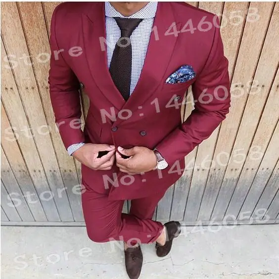 

Mens Wedding Suits 2018 Double Breasted Business Burgundy Casual Men Suits With Pants Slim Fit Groom Groomsman Suits For Men