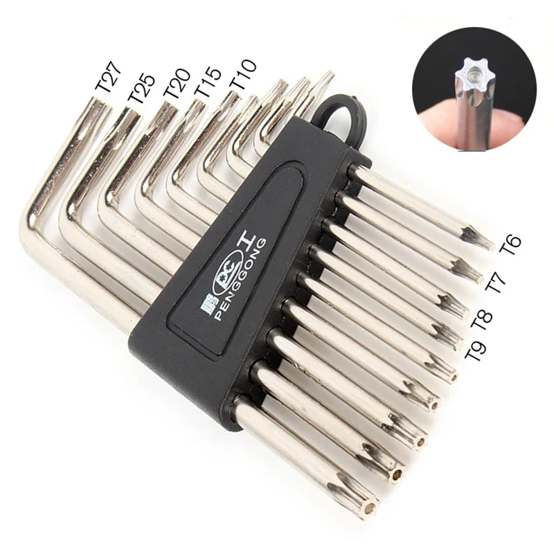 9 Pcs Hex Wrench Sets Torx L Shape Repair Tools Screwdriver Tool Set Plum Screwdriver T6-T27 CRV Standrad 90 Angle