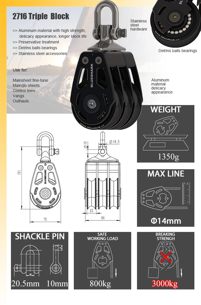 Sailboat Hardware 75 mm 3 Inch Aluminum Triple Block Max 800kg 2716