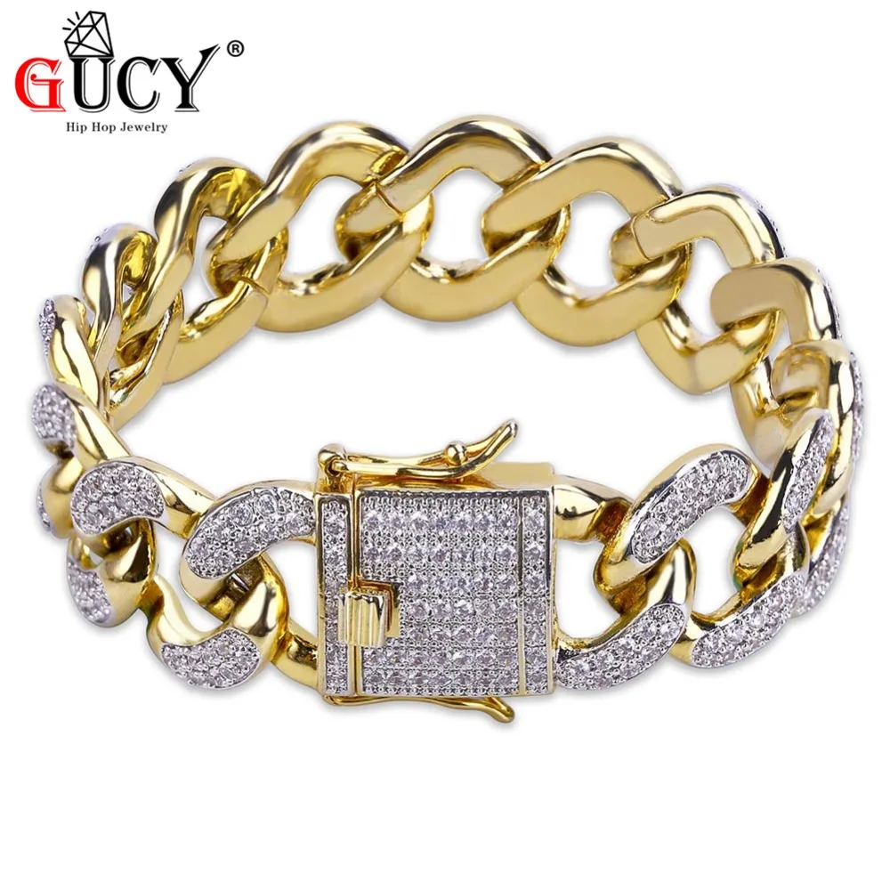 

GUCY Hip Hop Iced Out Bling Cuban Bracelet Gold Color Micro Pave Cubic Zircon Bracelets 18mm Width Chain Bracelets Gift For Men